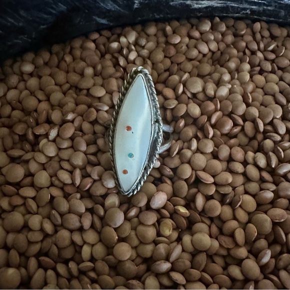 Elongated Vintage Zuni Inlaid Mother of Pearl Sterling Ring • Size: 7 - Picture 2 of 3